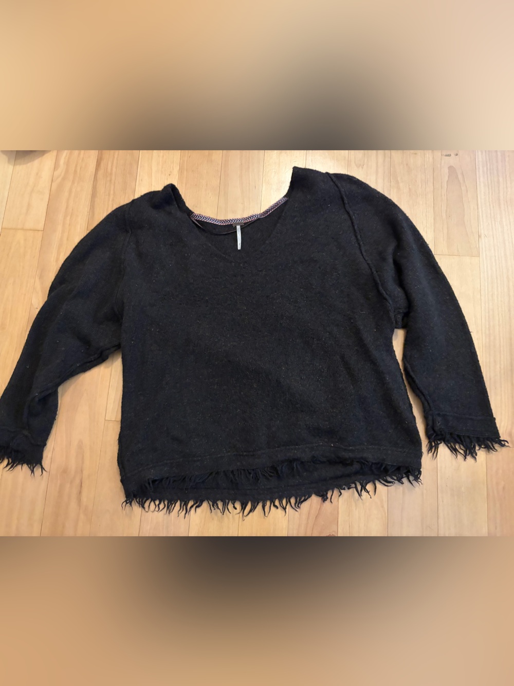 Free people small Black Women's Fringe Hem Sweater - wide v neck oversized